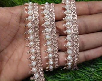 Rose Gold Pearl Scallop Lace Trim: Indian Zari Sewing Craft (9 Yards)