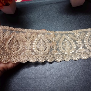 Gold Indian Zari Sequin Embroidered Lace Trim: Bridal Dress Embellishment