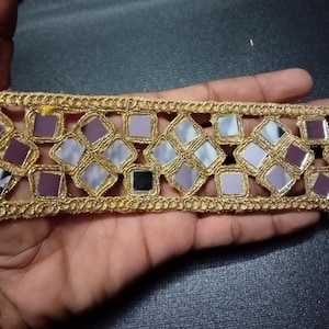 Embroidered Indian Lace Trim: Gold Mirror, Pearl & Crystal Zari