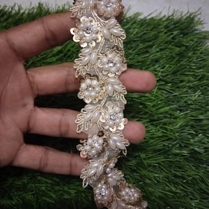 Pearl Crystal Embroidered Lace Trim: Gold Indian Sari Embellishment