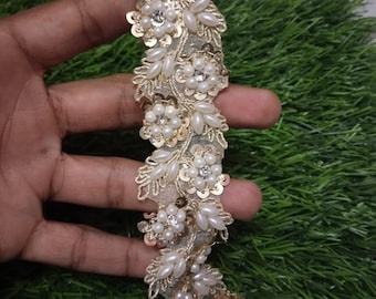 Pearl Crystal Embroidered Lace Trim: Gold Indian Sari Embellishment