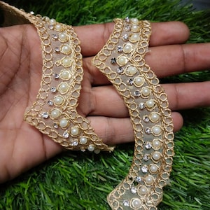 Scalloped Cream Gold  & Pearl Embellished Border Trim Indian Zari Broad Pearl Work Lace Sequin Embroidery Border