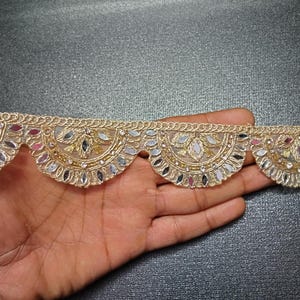 Cream Gold Mirror  & Pearl Embellished Border Trim Indian Zari Broad Pearl Work Lace Sequin Embroidery Broad Border By Yard