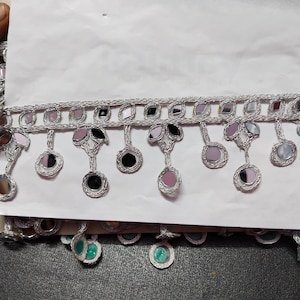 Beautiful  Silver Scalloped Cutwork Mirror Trim, Borde Espejo, Indian Lace Trim, Border for Waist Belt, Chokers, DIY Sewing, Decoration