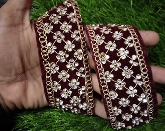 Dark Maroon Pearl Crystal & Mirror Scallop Indian Embroidered Lace Wedding Dress Trim, DIY Sewing Crafting Decoration