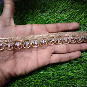 9 Yards - Mini Mirror Scalloped Golden Trim Lace with Pearl Beads, Dupatta Saree Suit Border Ribbon Lace, Indian Embroidered Lace,