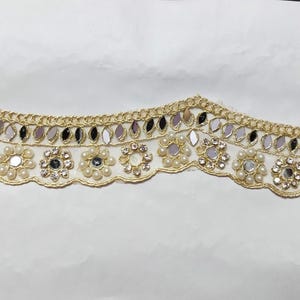Scalloped Cream Gold Mirror  & Pearl Embellished Border Trim Indian Zari Broad Pearl Work Lace Sequin Embroidery Broad Border By Yard