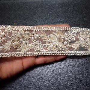Cream Beaded Lace Trim: Silver Sequined Organza, 2-Inch