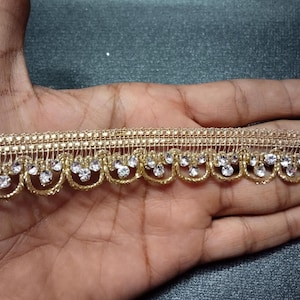 9 Yards - Mini Mirror Scalloped Golden Trim Lace with Pearl Beads, Dupatta Saree Suit Border Ribbon Lace, Indian Embroidered Lace,