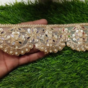 Pearl & Crystal Indian Embroidered Lace: 2 Inch Zari Fabric Trim