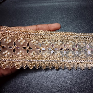 Scalloped Cream Gold Mirror  & Pearl Embellished Border Trim Indian Zari Broad Pearl Work Lace Sequin Embroidery Broad Border By Yard