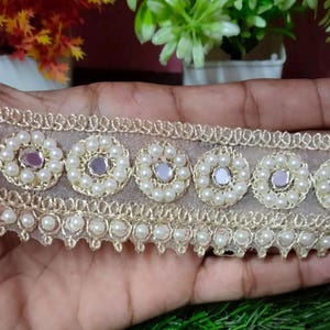 3 yard Gold Indische Perle Stein Spiegel Trim Sari Dupatta Lace Border.Gold Spiegel Pailletten Verziert Trim Lace Zari Gesticktes Kleid Lehenga