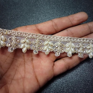 Scalloped Cream Mirror  & Pearl Embellished Border Trim Indian Zari Broad Pearl Work Lace Sequin Embroidery Broad Border By Yard