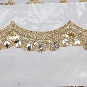 Scalloped Cream Gold Mirror  & Pearl Embellished Border Trim Indian Zari Broad Pearl Work Lace Sequin Embroidery Broad Border By Yard