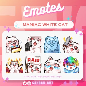 Cute Maniac White Cat Emotes Sub Badges for Twitch/Youtube/Discord - Stream | White Cat | Kawaii | Neko