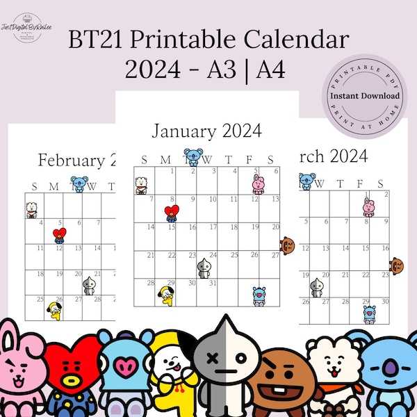 2024 BT21 Printable Calendar | BTS Calendar | Monthly Calendar | A4 & A3 Portrait  | Printable PDF