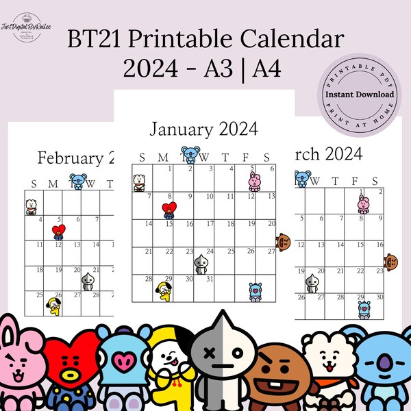 2024 BT21 Printable Calendar | BTS Calendar | Monthly Calendar | A4 & A3 Portrait  | Printable PDF