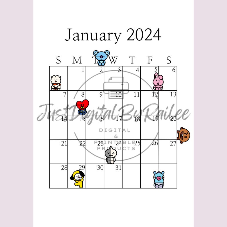 2024 BT21 Printable Calendar BTS Calendar Monthly Calendar A4 & A3