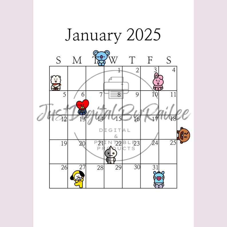 2025 BT21 Printable Calendar BTS Calendar Monthly Calendar A4 & A3 Portrait Printable