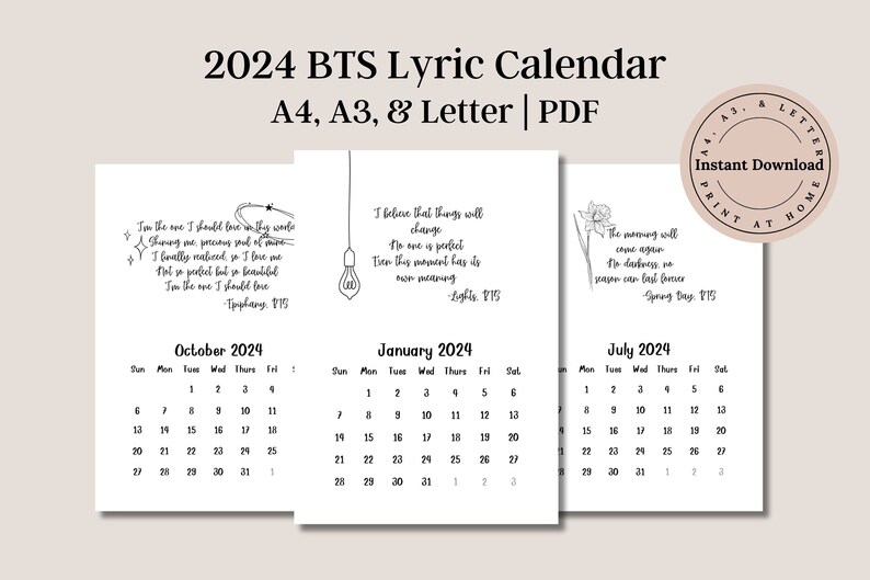 2024 BTS Printable Lyric Calendar BTS Calendar Monthly Calendar A4, A3