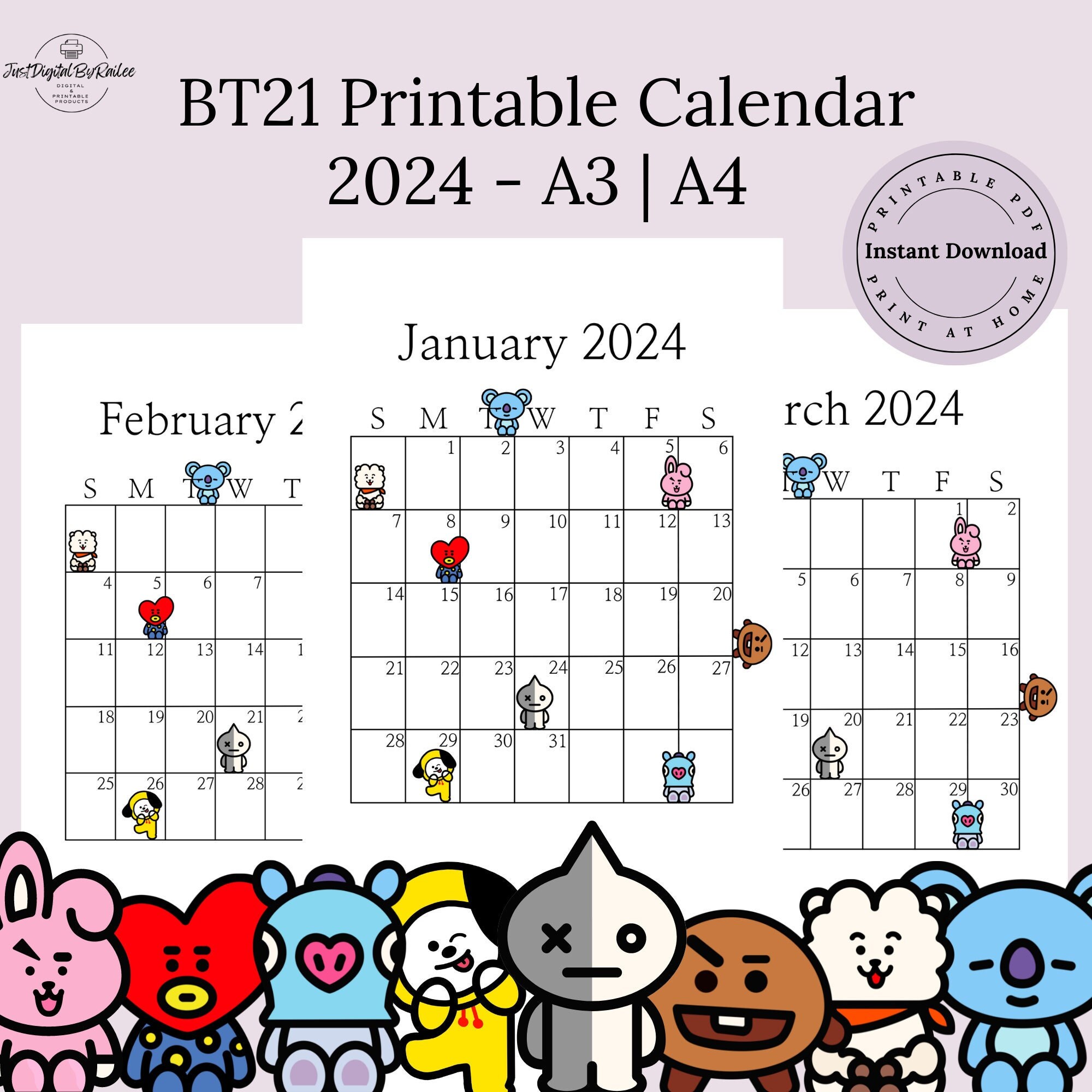 2024 BT21 Printable Calendar BTS Calendar Monthly Calendar A4 A3 Portrait Printable PDF Etsy