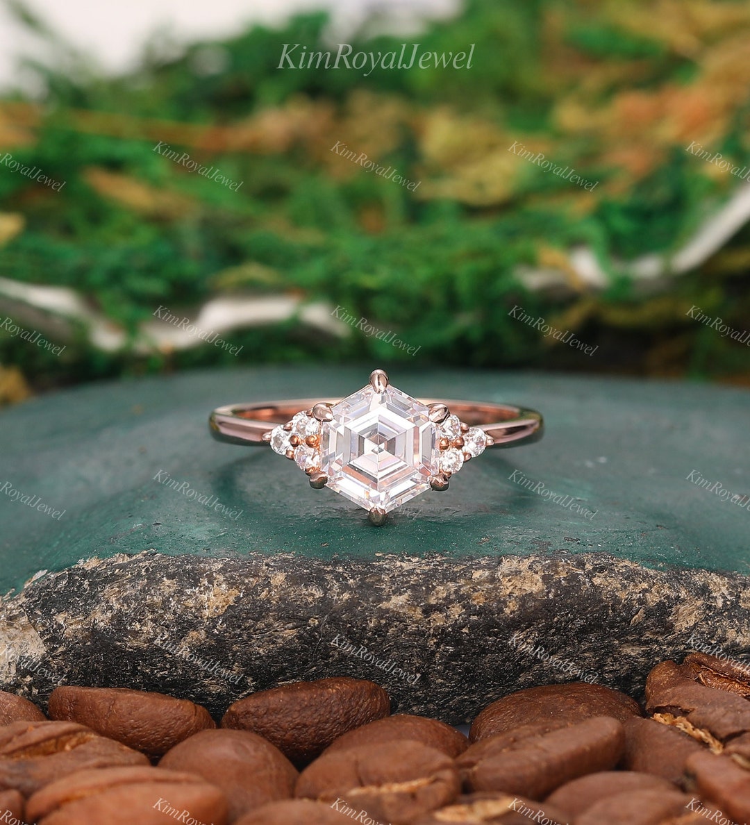 Hexagon Shape 1.35CT Simulated Diamond Ring, Vintage Bridal Promise
