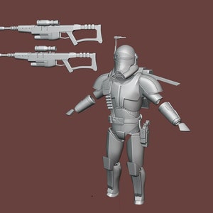 May include: A gray 3D printed model of a Star Wars clone trooper with a blaster rifle. The model is disassembled into multiple parts, including the helmet, torso, arms, and legs.