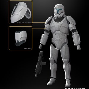 May include: A white plastic action figure of a Republic Commando soldier with a weathered finish. The figure is fully articulated and comes with a blaster rifle. The image also shows close-up views of the figure's interchangeable shoulder and bicep armor pieces.