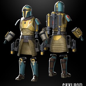 May include: A disassembled 3D printed model of a Mandalorian warrior's armor, featuring a blue and gold color scheme. The armor is in 1:12 scale and is STL ready. The image includes the text "Aran Tal Armor 1:12 Scale STL Ready" and "SKYLU3D DESIGN".
