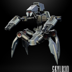 May include: A gray and black articulated robot with multiple legs and arms. The robot has red lights on its head and arms. The robot is posed in a dynamic stance with its arms extended. The text "TRA-9 BATTLE DROID 1/12 SCALE ARTICULATION STL READY" is visible below the robot. The text "SKYLU3D DESIGN" is visible in the lower right corner of the image.