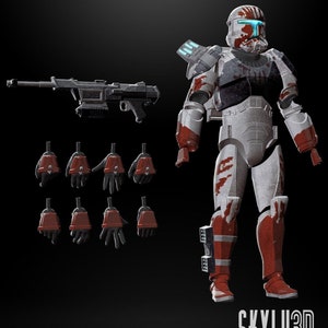 Pode incluir: Uma figura de ação personalizada em escala 1:12 de um clone trooper de Star Wars. A figura é pintada em branco, vermelho e preto com detalhes de respingos de sangue. A figura está segurando um rifle blaster e vem com várias mãos intercambiáveis. A figura é rotulada como "RC-1207 (SEV) CUSTOM" e "SKYLU3D DESIGN".