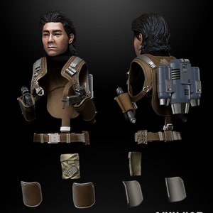 May include: A 3D printed model of a character wearing a brown leather vest, a belt with a buckle, and a backpack with a blue jetpack. The model is in 1:12 scale and is STL ready. The image also includes the text "BODE AKUNA CUSTOM 1:12 SCALE STL READY" and "SKYLU3D DESIGN".