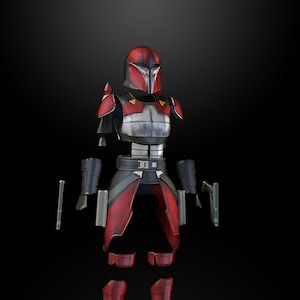 May include: A disassembled Mandalorian Super Commando armour set in red and black with a white helmet. The armour is 1:12 scale and ready for 3D printing.