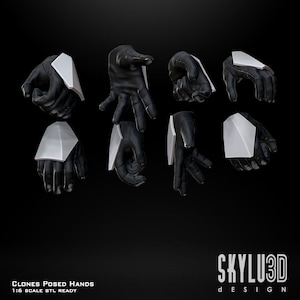 Op de afbeelding: Acht zwarte, 3D-geprinte handen in verschillende poses, met witte accenten op de polsen. De handen zijn geposeerd voor 3D-printen en zijn gelabeld met "Clones Posed Hands 1:16 Scale STL Ready" en "SKYLU3D DESIGN".