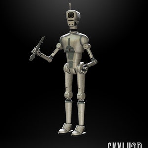 May include: A white and grey articulated robot figure with a tool in its right hand. The robot has a single eye and a small antenna on its head. The figure is posed standing with its left arm bent at the elbow. The figure is labelled "SE-2 Worker Droid" and "1:12 Scale Articulation BTL Ready". The background is black.