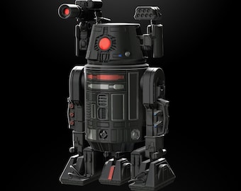 Può includere: Un robot articolato nero e rosso con una luce rossa sulla testa e una pistola nera attaccata al braccio. Il robot è in piedi su uno sfondo nero. BT-1 ASTROMECH DROID 1:12 SCALE ARTICULATION STL READY SKYLU3D DESIGN
