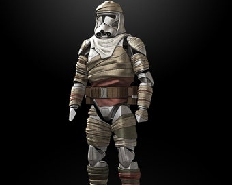 May include: A white stormtrooper action figure wearing a brown and tan camouflage suit. The figure is standing on a black background. The text "MAYDAY CUSTOM KIT 1:12 SCALE STL READY" is at the bottom of the image. The text "SKYLU3D DESIGN" is at the bottom right of the image.