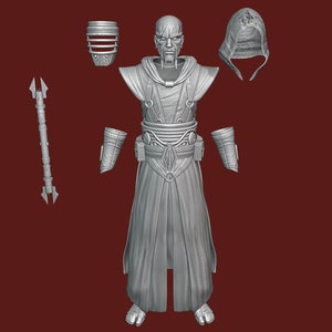 Könnte beinhalten: Ein 3D-gedrucktes Modell einer Figur aus einem Science-Fiction-Film. Das Modell ist in Grau und umfasst eine Kapuzenrobe, eine Maske, eine Waffe und Armschützer.