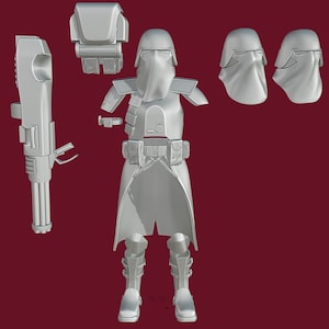 May include: A white plastic action figure of a Star Wars character wearing a hooded cloak and holding a blaster rifle. The figure is disassembled into separate parts, including the head, torso, legs, arms, and weapon.