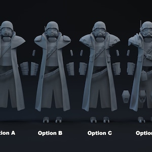 May include: Four variations of a gray, futuristic-looking costume, each with a helmet, mask, shoulder armor, long coat, and other components. The options are labeled A, B, C, and D at the bottom of the image. The costumes appear to be 3D models.