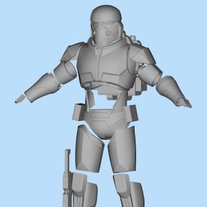 May include: A gray plastic action figure of a soldier wearing a helmet and armor. The figure is disassembled into separate pieces, showing the details of the armor.