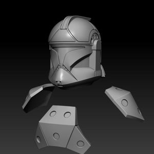 Könnte beinhalten: Ein 3D-gedrucktes Modell eines Star Wars Klonkrieger-Helms und einer Rüstung. Der Helm ist grau und hat ein detailliertes Design. Die Rüstung ist ebenfalls grau und hat ein segmentiertes Design.