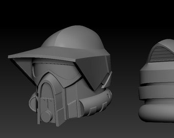 May include: Two grey 3D printed helmets, one with a visor and a brim, the other with a vent on top.
