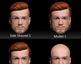 May include: A composite image featuring four different 3D-rendered male head models. Each head has a different hairstyle: side-shaved, mullet, default, and bald. All heads have red hair and a matching beard. Each image has a text label.