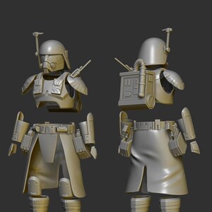 May include: A disassembled gray plastic action figure of a Mandalorian warrior. The figure is in pieces, including the helmet, torso, arms, legs, and boots.