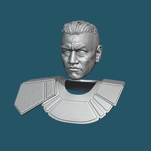 May include: A 3D printed model of a human head and shoulders. The head is sculpted with a detailed face and short, spiky hair. The shoulders are sculpted with a textured, armor-like design.