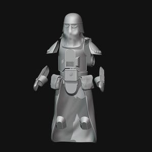 以下が含まれることがあります： 未来的な装甲スーツのグレーの3Dモデル。バイザー付きヘルメット、肩パッド、胸部装甲、ベルトポーチ、レッグガードが特徴です。このスーツは、洗練された流線型の美学で設計されています。