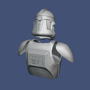 May include: A gray, 3D-rendered model of a stormtrooper helmet and chest armor. The helmet is detailed with a rounded top and eye and mouth openings. The chest armor has a rectangular panel with four circular details and shoulder pads.