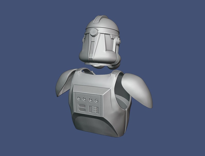 May include: A gray, 3D-rendered model of a stormtrooper helmet and chest armor. The helmet is detailed with a rounded top and eye and mouth openings. The chest armor has a rectangular panel with four circular details and shoulder pads.