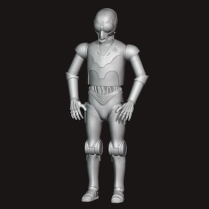 May include: A silver-colored robot figure with a rounded head, segmented arms, and legs. The robot has a detailed chest plate, articulated hands, and knee pads. The background is a solid black.